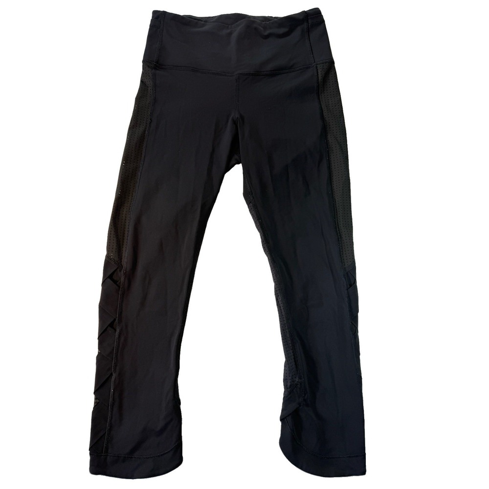 Lululemon Serene Crop Leggings Women's Black Mesh Lattice Criss Cross 19"
